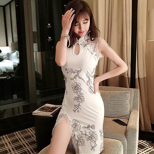 Women's Floral Print White Bodycon Qipao Dress Lace Trim Sleeveless Keyhole High Slit Mini Cheongsam Party Cocktail Dress