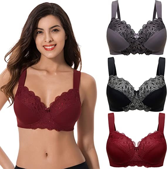 Curve Muse Plus Size Unlined Minimizer Wirefree Bras with Embroidery Lace-3Pack